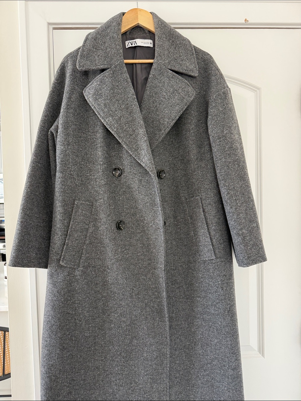 Zara Gray Double-Breasted Long Wool-Blend Pea Coat